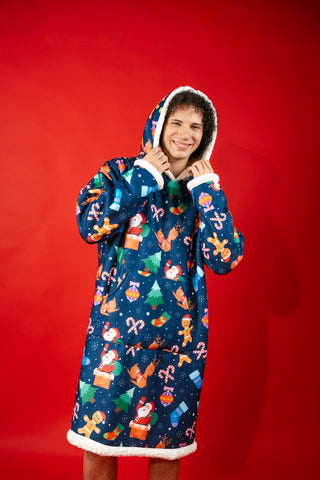 Ponji Kapüşonlu Battaniye - Yılbaşı Mavi Santa